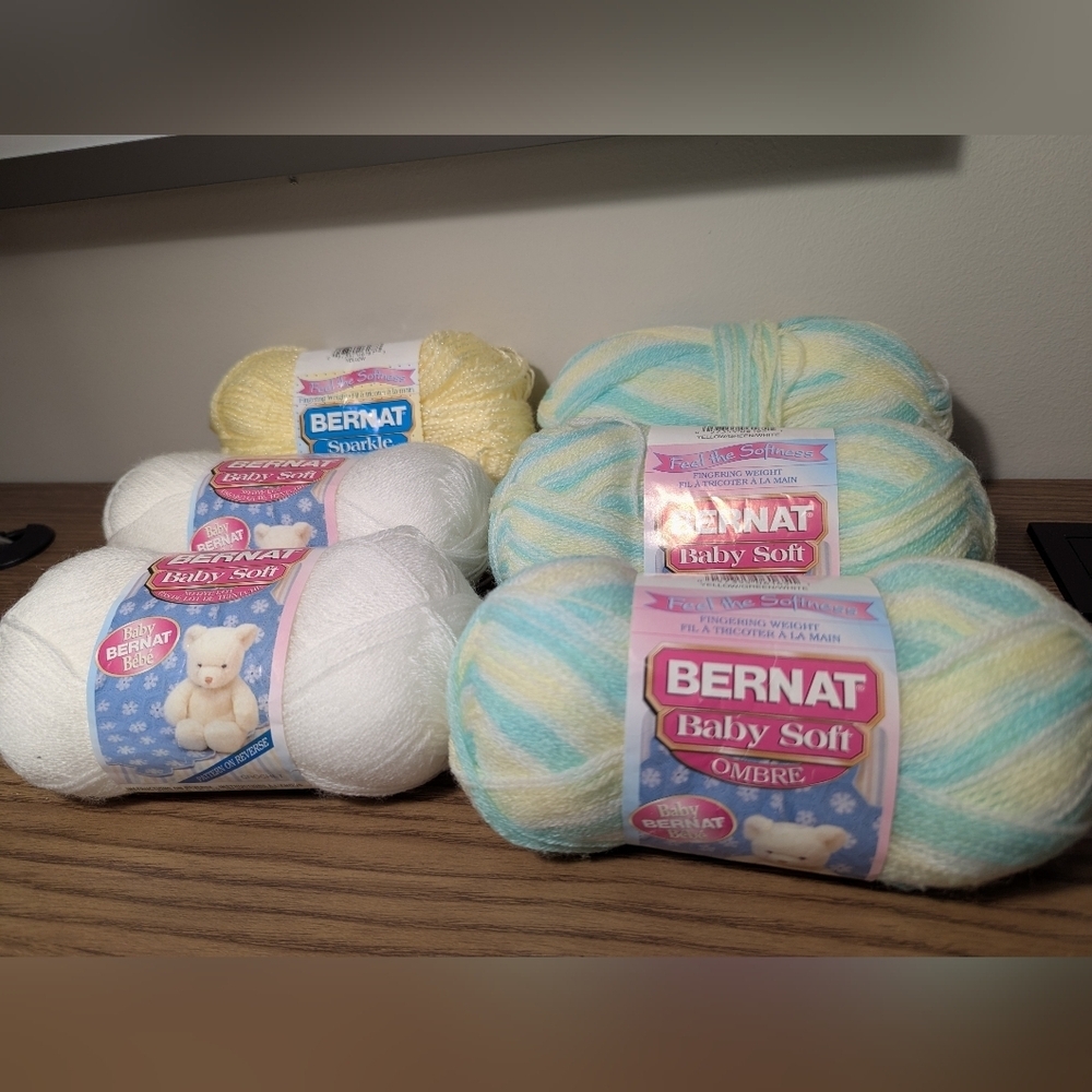 Vintage Bernat Baby Soft Yarn Bundle 6 Skiens 2 white 3 Verigated 1 Yellow